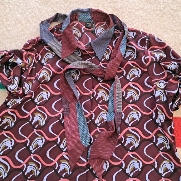 SIMONS Scarf Collar Printed Shirt, sz large - Picture 8 of 10
